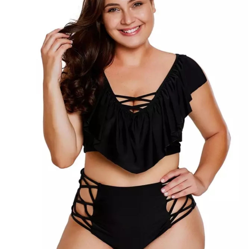 Womens Black Swimsuit Swimwear Bathing Suit High Waisted Strappy Sexy Swim, Sz L